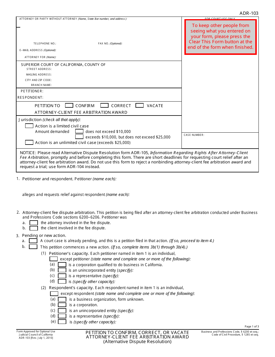 Form ADR-103 Petition to Confirm, Correct, or Vacate Attorney-Client Fee Arbitration Award - California, Page 1