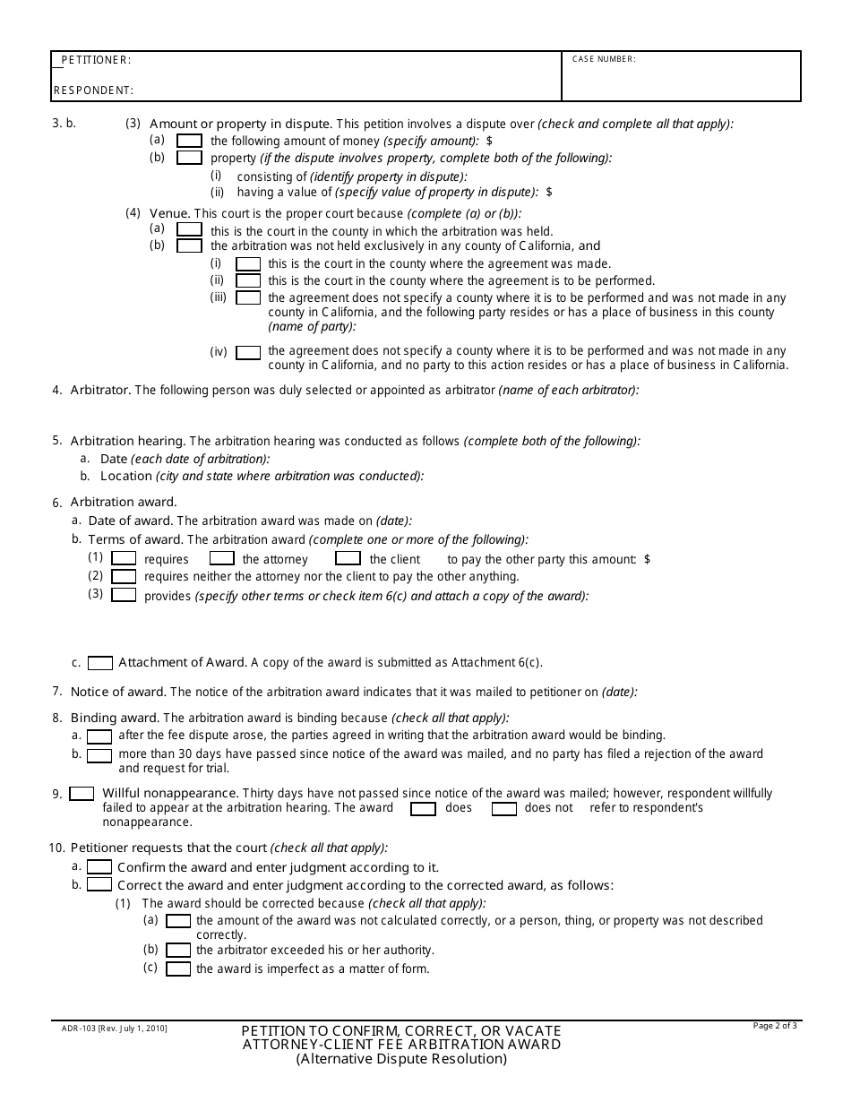 Form ADR-103 Download Fillable PDF or Fill Online Petition to Confirm ...