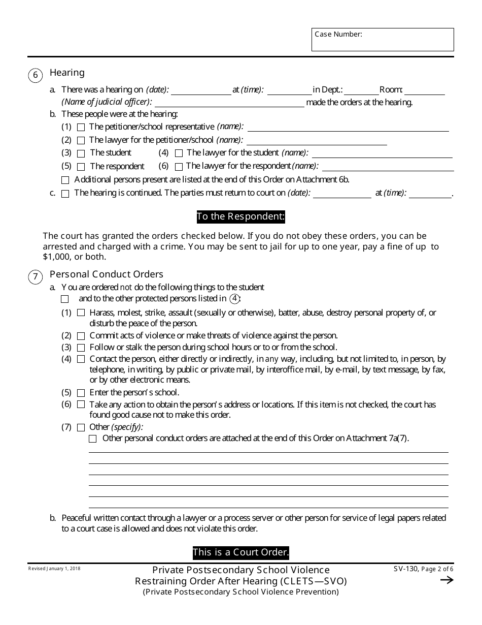 Form SV-130 Private Postsecondary School Violence Restraining Order After Hearing - California, Page 2