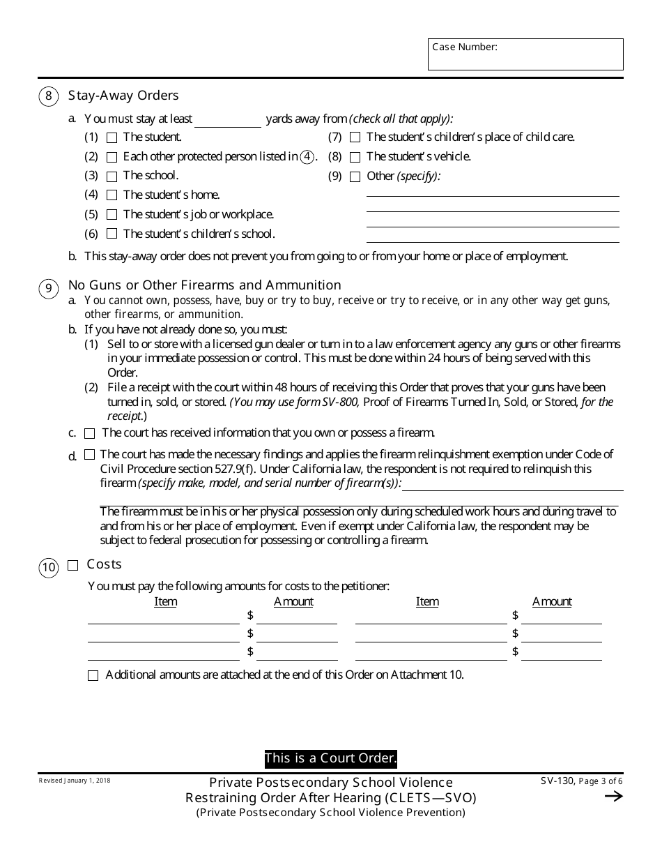 Form SV-130 Private Postsecondary School Violence Restraining Order After Hearing - California, Page 3