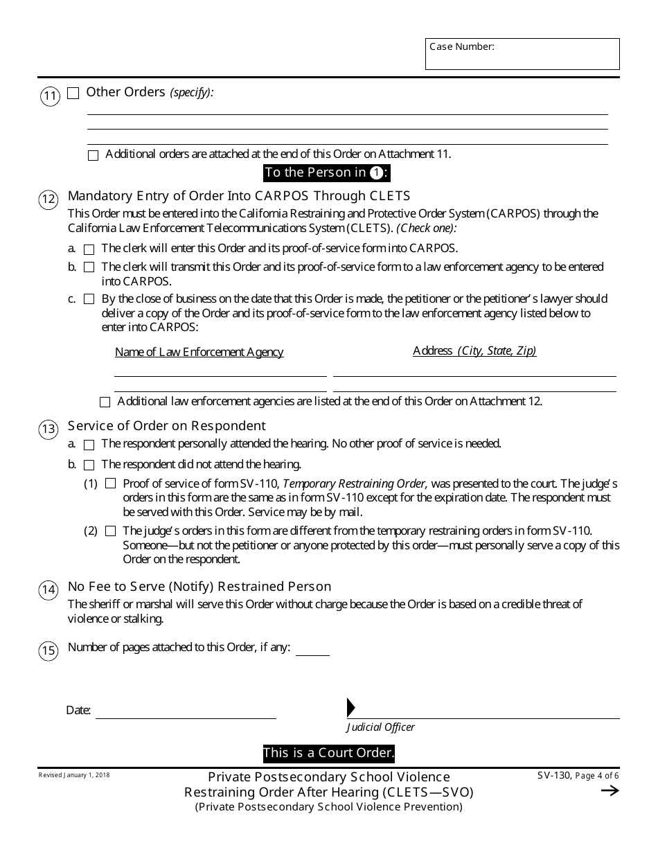 Form SV-130 Private Postsecondary School Violence Restraining Order After Hearing - California, Page 4