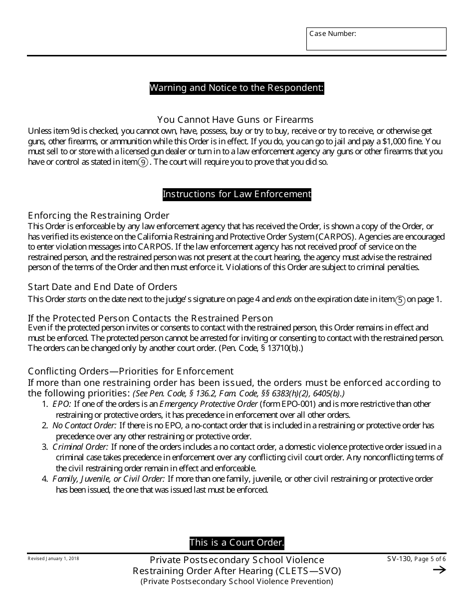 Form SV-130 Private Postsecondary School Violence Restraining Order After Hearing - California, Page 5