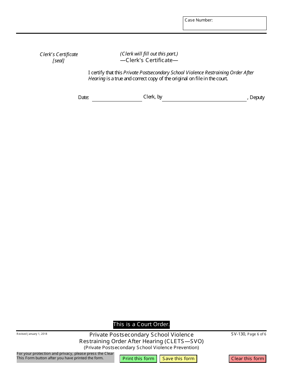 Form SV-130 Private Postsecondary School Violence Restraining Order After Hearing - California, Page 6