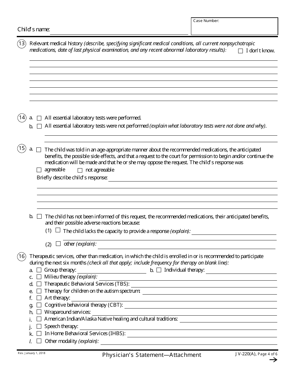 Form JV-220(A) Physicians Statement - Attachment - California, Page 4