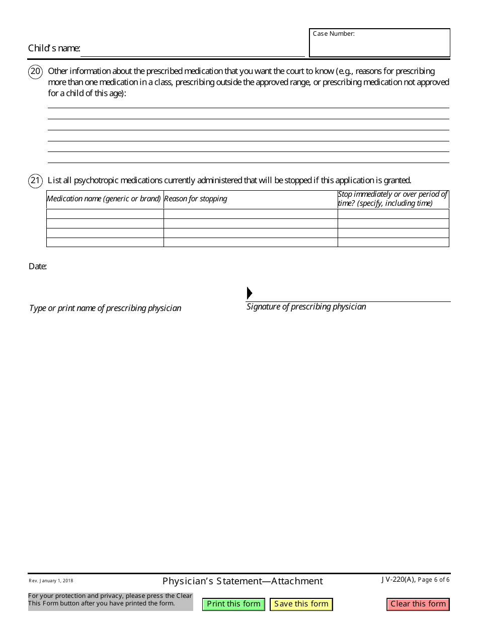 Form JV-220(A) Physicians Statement - Attachment - California, Page 6