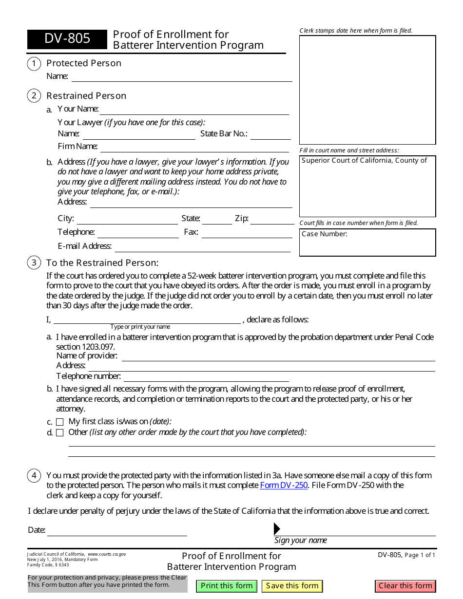 Form DV-805 Proof of Enrollment for Batterer Intervention Program - California, Page 1