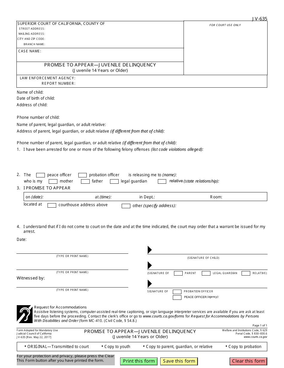 Form JV-635 Promise to Appear - Juvenile Delinquency (Juvenile 14 Years or Older) - California, Page 1