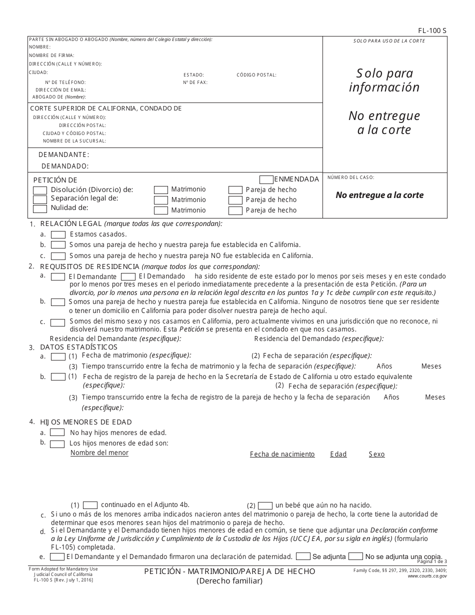 Formulario FL-100 S Petition - Marriage / Domestic Partnership - California (Spanish), Page 1