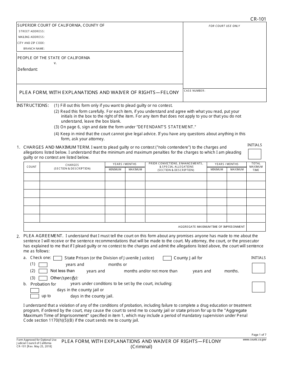 Form CR-101 Plea Form, With Explanations and Waiver of Rights - Felony - California, Page 1