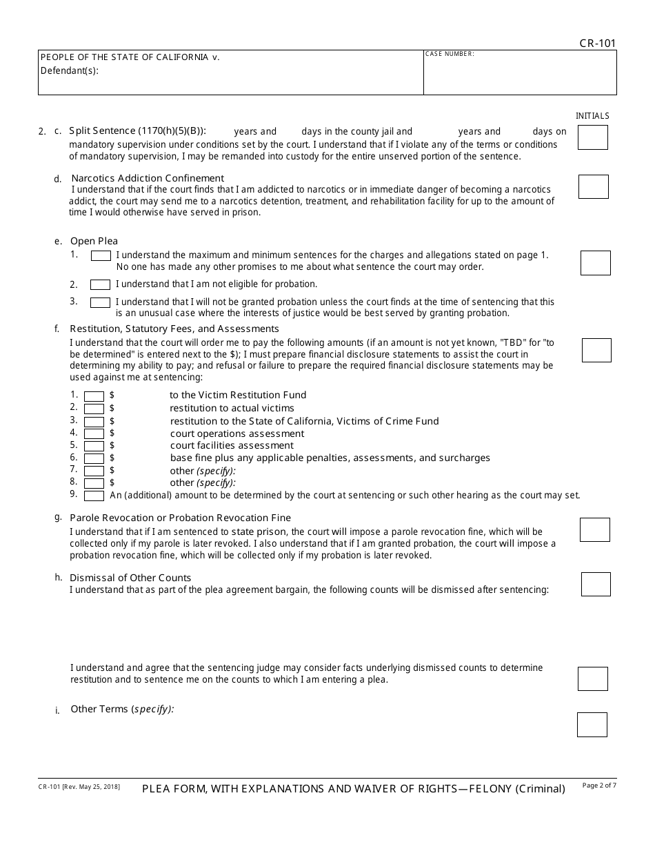 Form CR-101 Plea Form, With Explanations and Waiver of Rights - Felony - California, Page 2