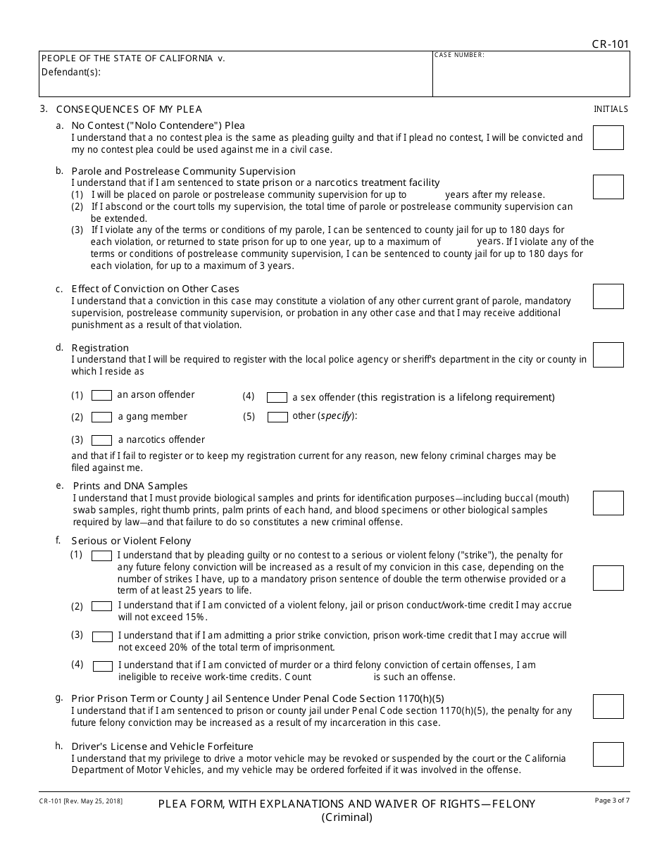 Form CR-101 Plea Form, With Explanations and Waiver of Rights - Felony - California, Page 3