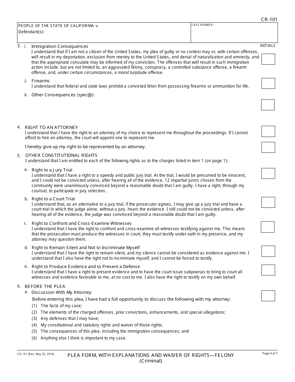 Form CR-101 Plea Form, With Explanations and Waiver of Rights - Felony - California, Page 4