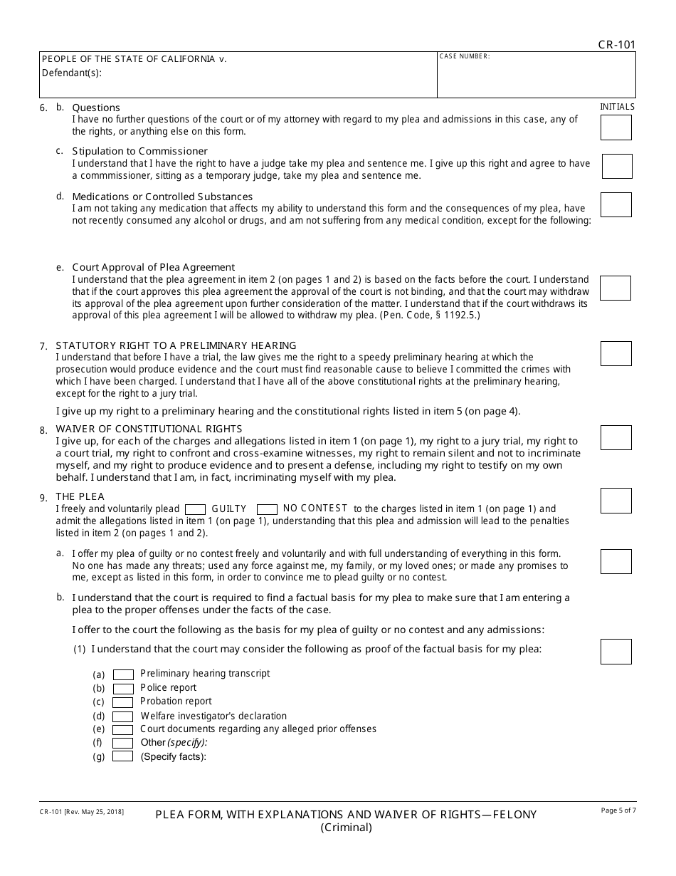 Form CR-101 Plea Form, With Explanations and Waiver of Rights - Felony - California, Page 5