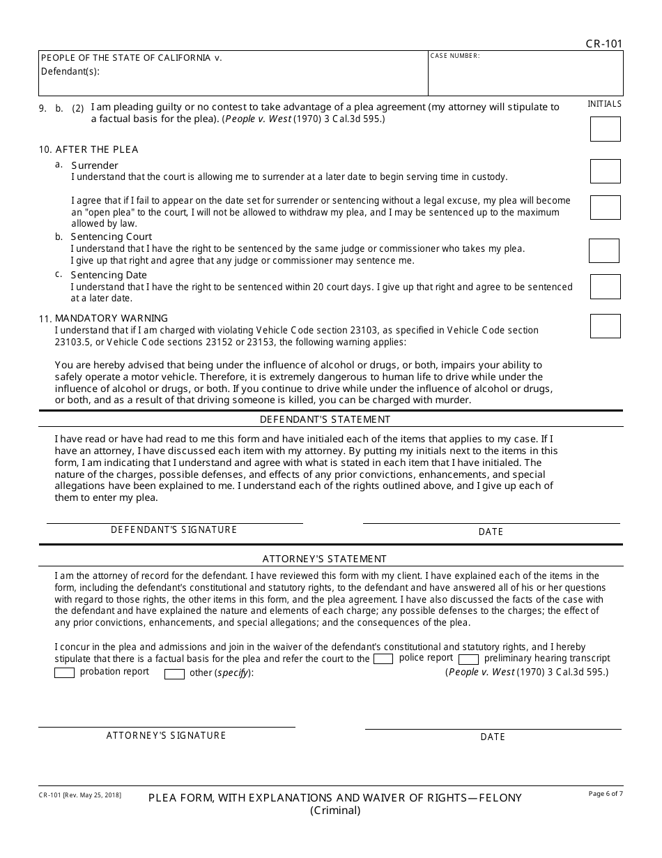Form CR-101 Plea Form, With Explanations and Waiver of Rights - Felony - California, Page 6