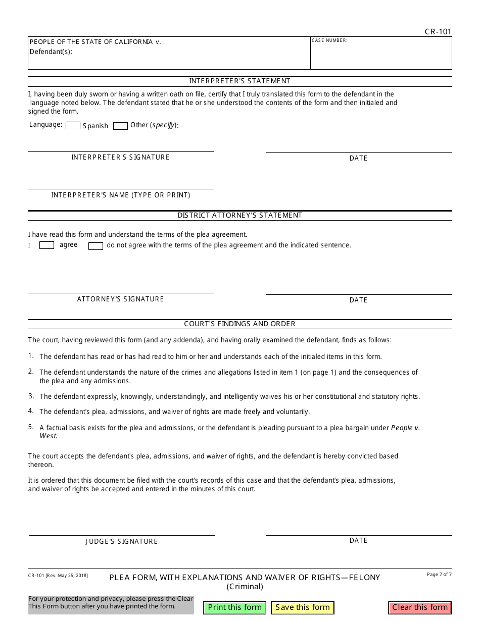 Form CR-101 Plea Form, With Explanations and Waiver of Rights - Felony - California, Page 7