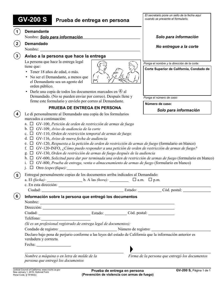 Formulario GV-200 S Prueba De Entrega En Persona - California (Spanish), Page 1