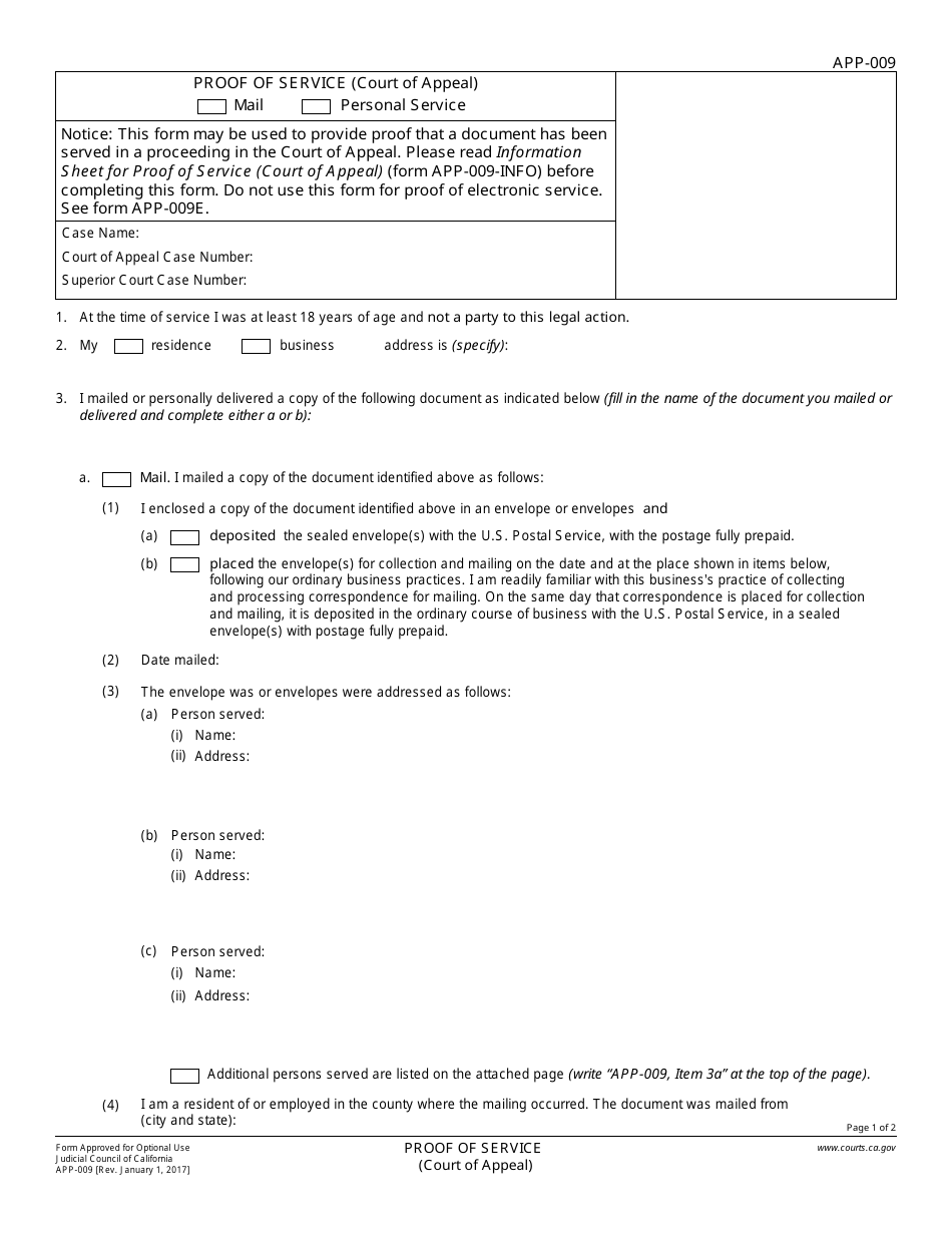 Form APP-009 Proof of Service - California, Page 1