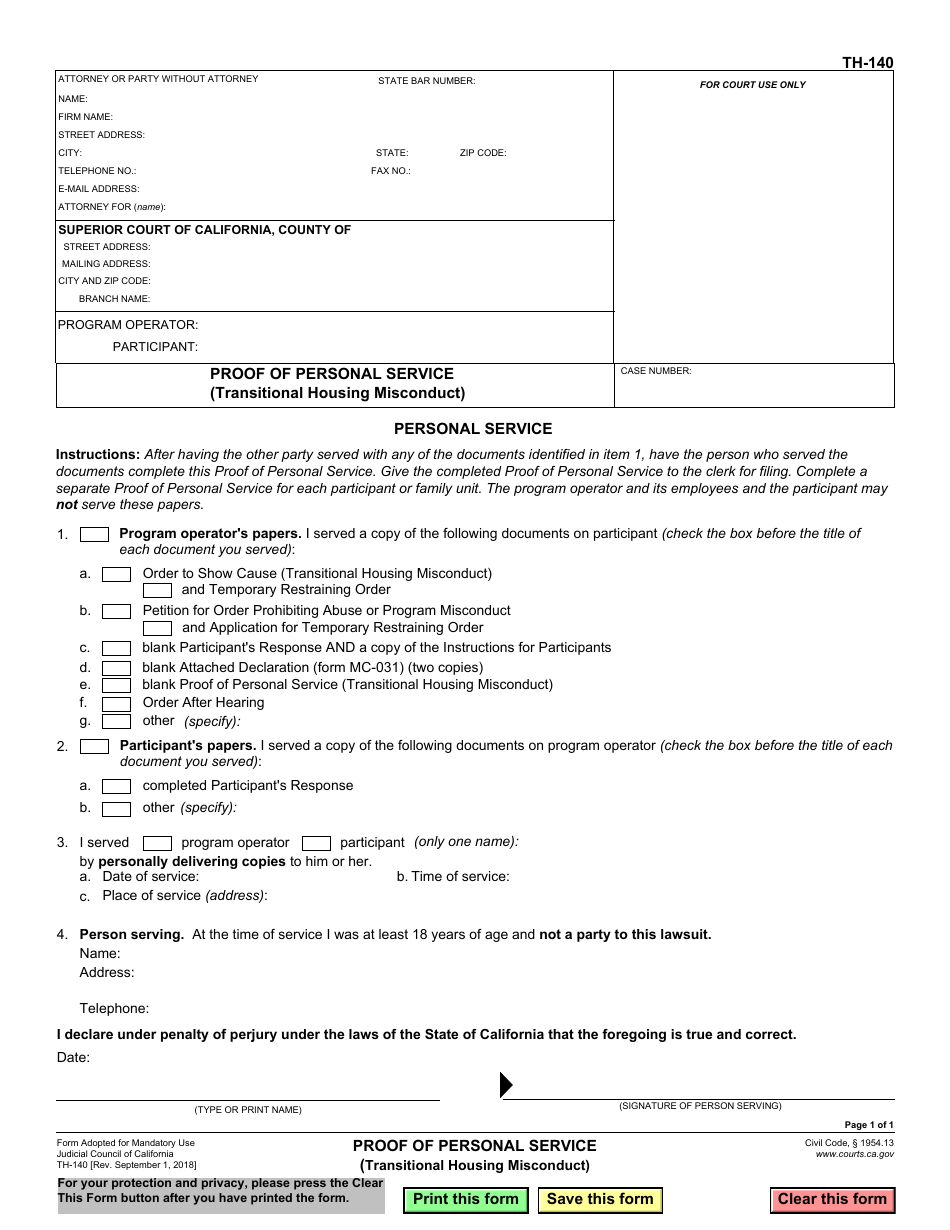 Form TH-140 Proof of Personal Service (Transitional Housing Misconduct) - California, Page 1