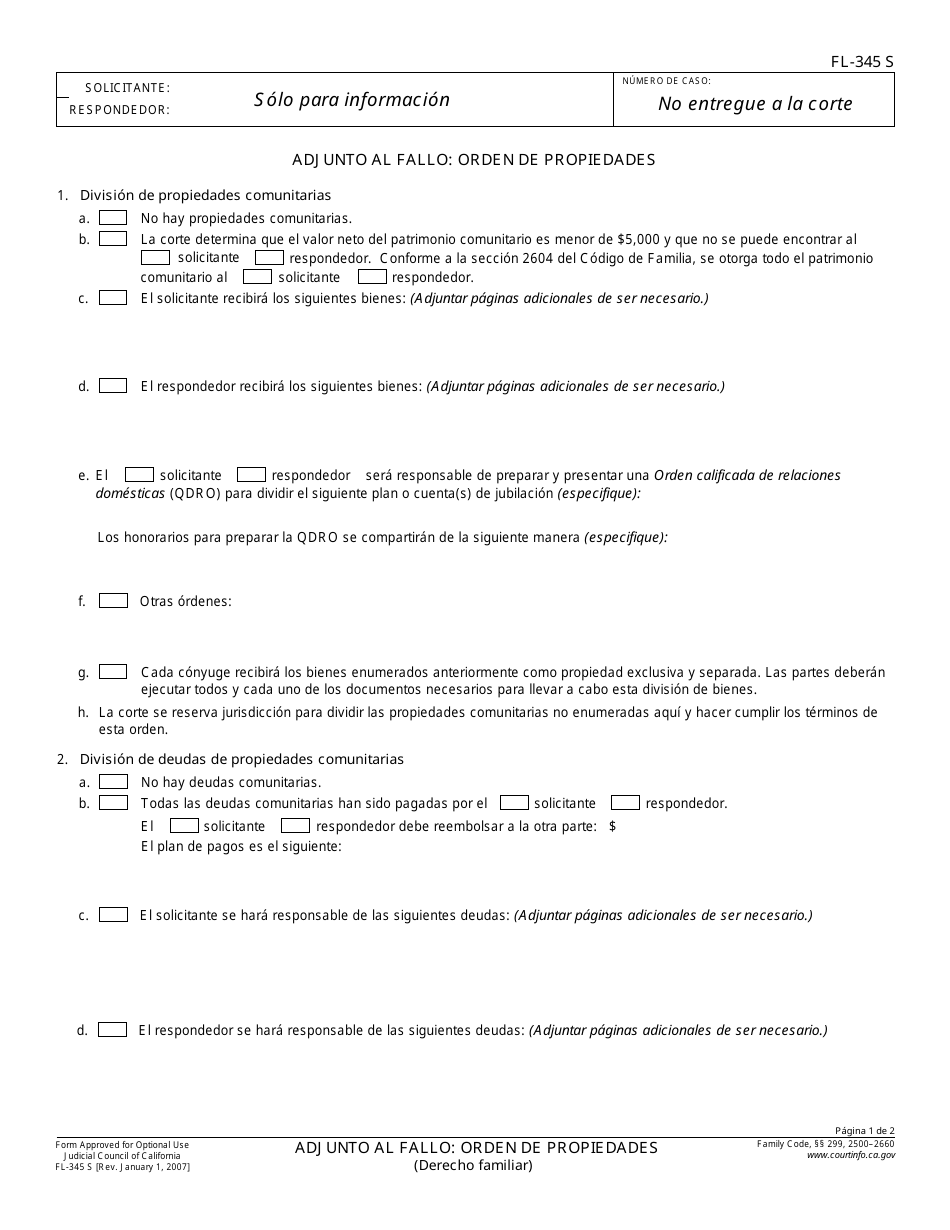 Formulario FL-345 S Adjunto Al Fallo: Orden De Propiedades - California (Spanish), Page 1