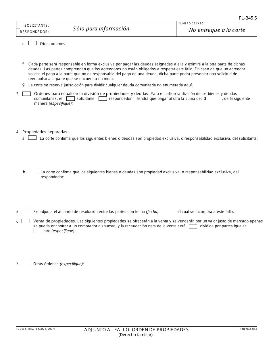 Formulario FL-345 S Adjunto Al Fallo: Orden De Propiedades - California (Spanish), Page 2