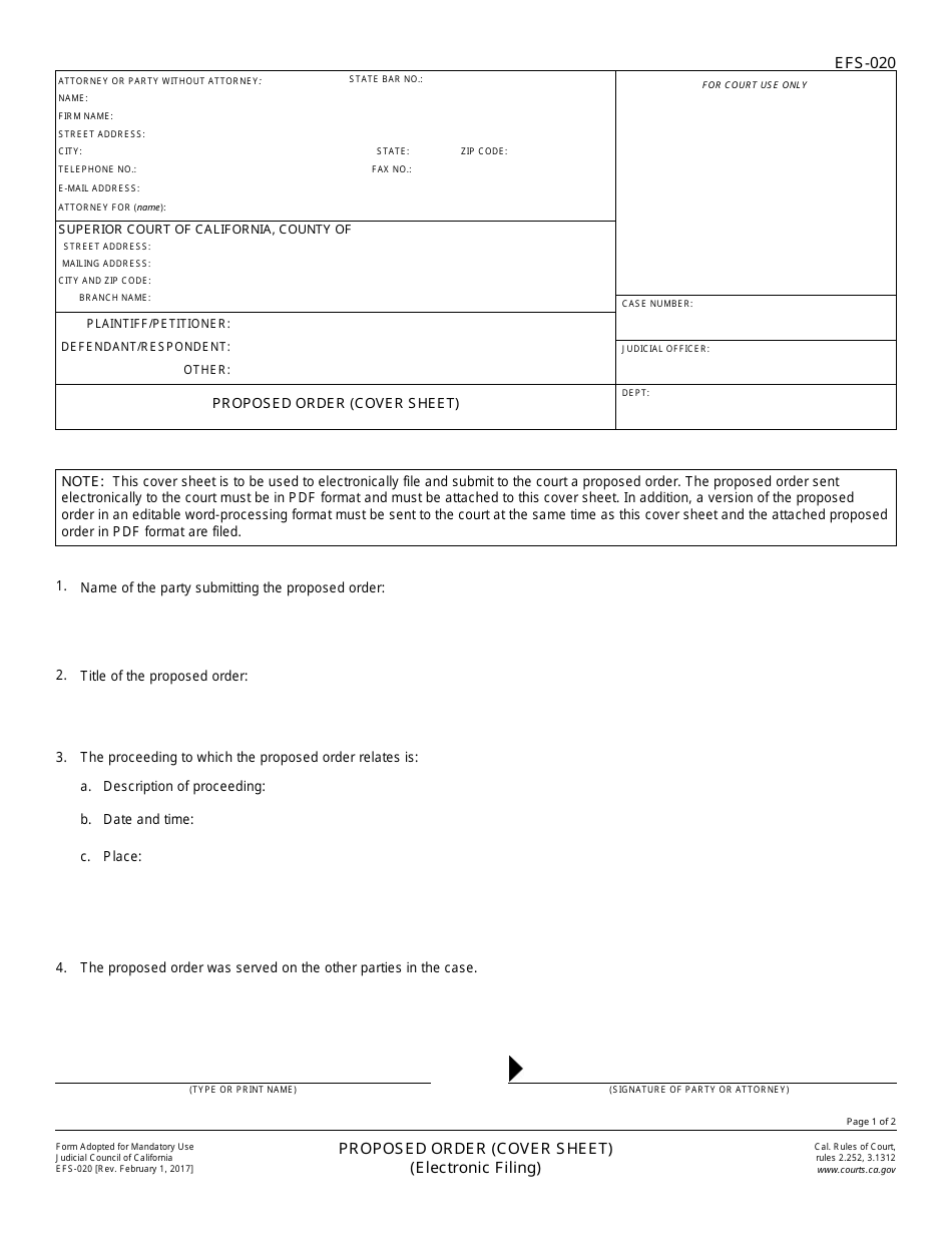 Form EFS-020 Proposed Order (Cover Sheet) - California, Page 1