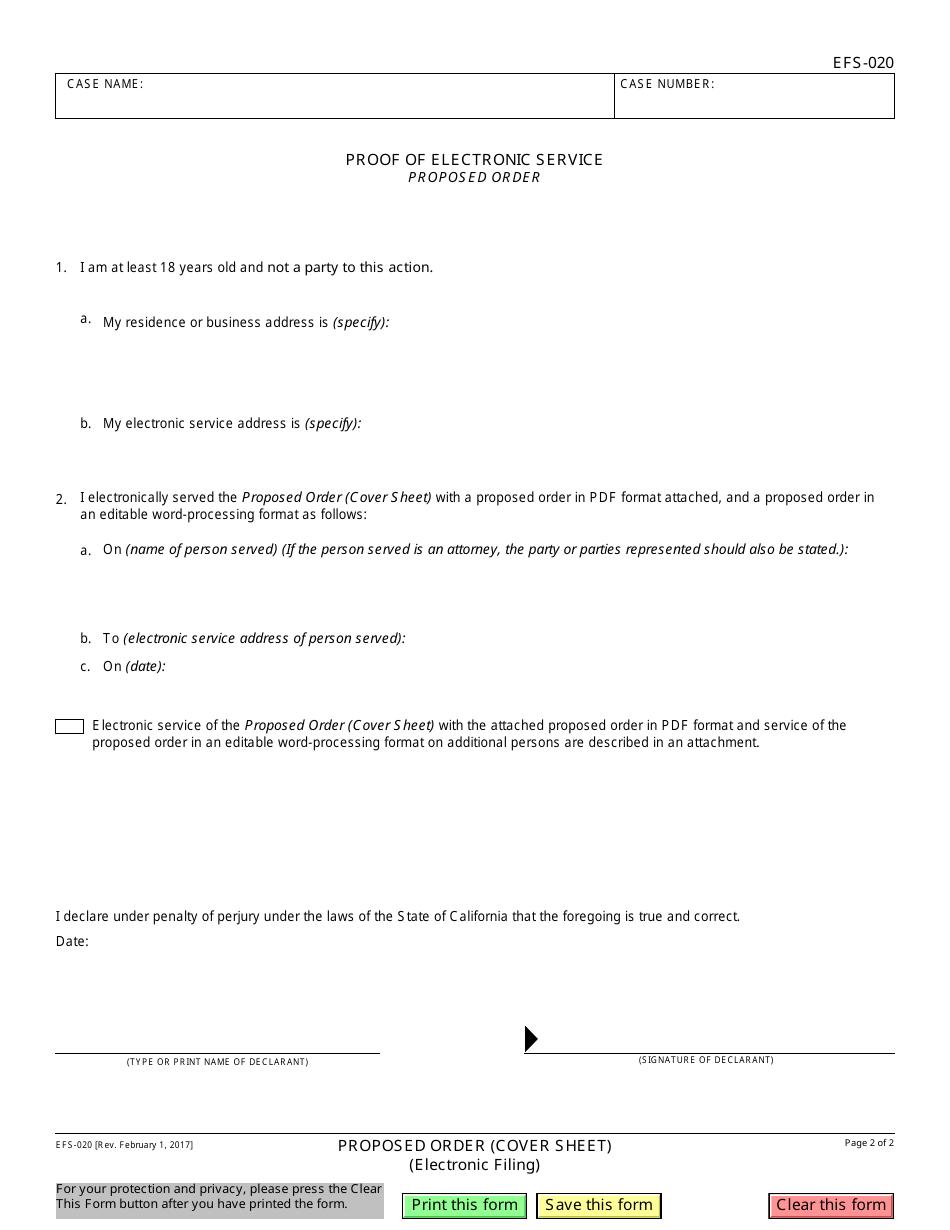 Form EFS-020 Proposed Order (Cover Sheet) - California, Page 2