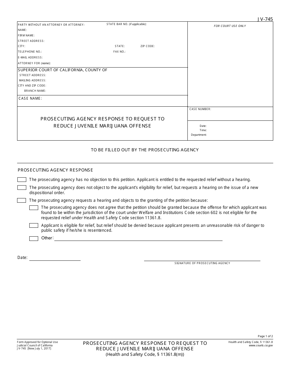 Form JV-745 Prosecuting Agency Response to Request to Reduce Juvenile Marijuana Offense - California, Page 1