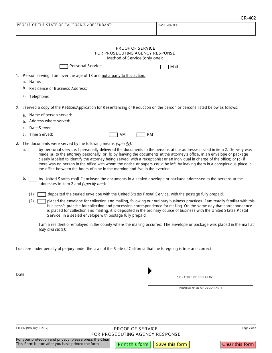Form CR-402 Prosecuting Agencys Response to Petition / Application (Health and Safety Code, 11361.8) Adult Crime(S) - California, Page 2