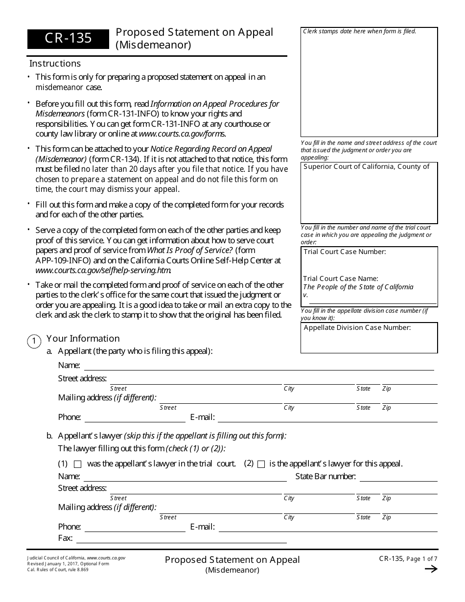 Form CR-135 Proposed Statement on Appeal (Misdemeanor) - California, Page 1