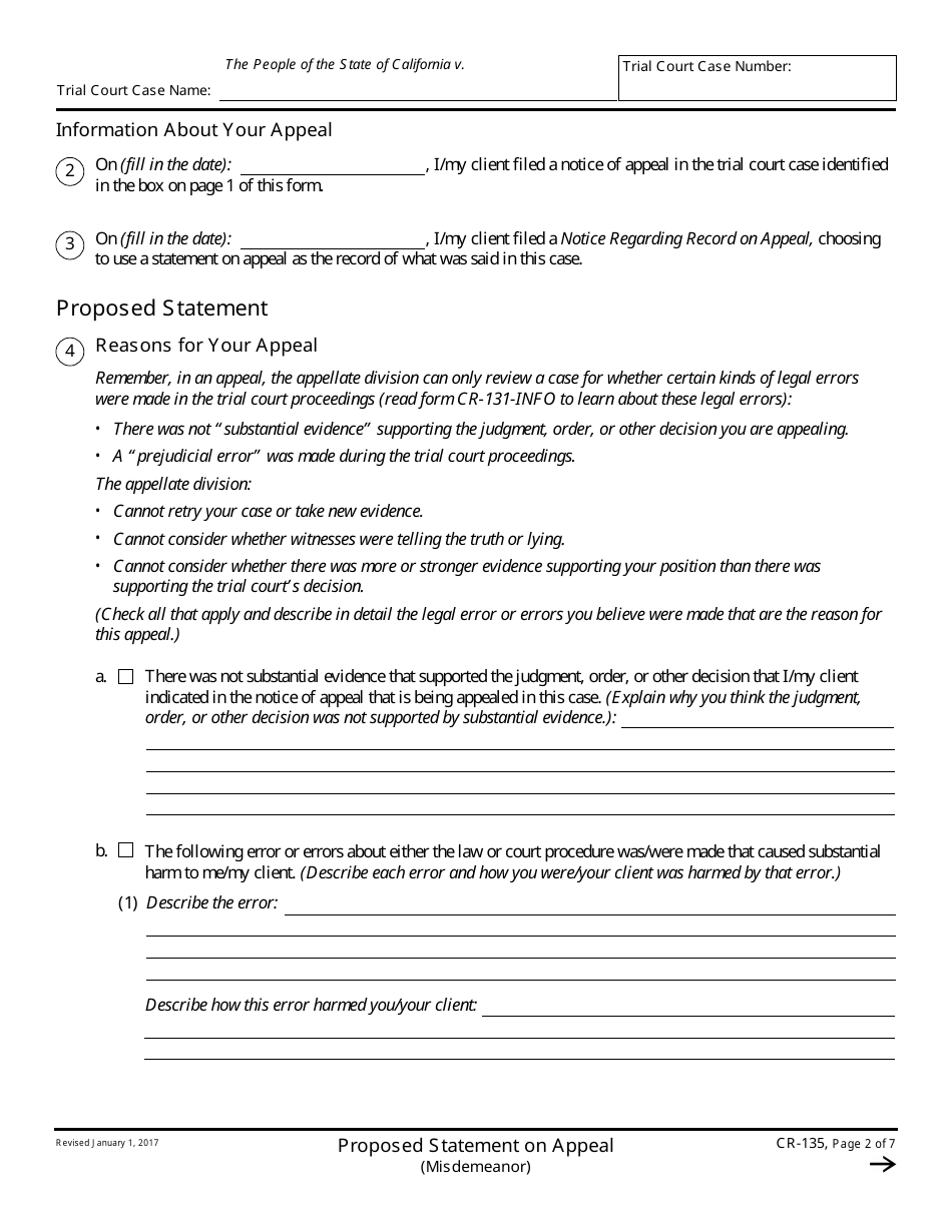 Form CR-135 Proposed Statement on Appeal (Misdemeanor) - California, Page 2