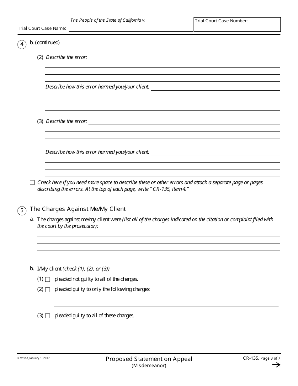 Form CR-135 Proposed Statement on Appeal (Misdemeanor) - California, Page 3