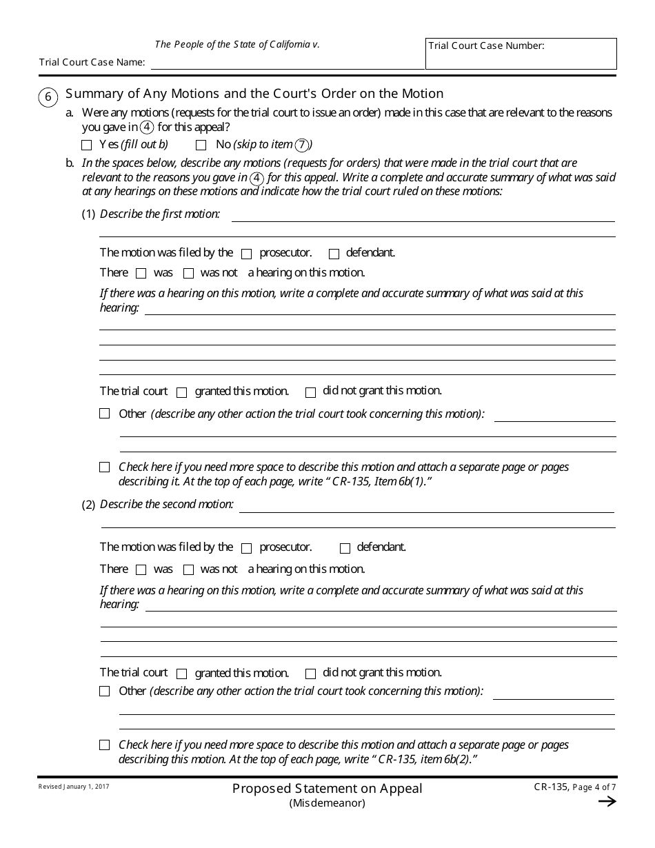 Form CR-135 Proposed Statement on Appeal (Misdemeanor) - California, Page 4
