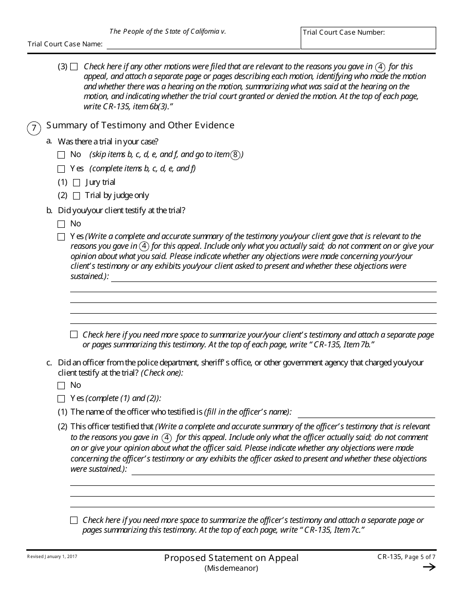 Form CR-135 Proposed Statement on Appeal (Misdemeanor) - California, Page 5