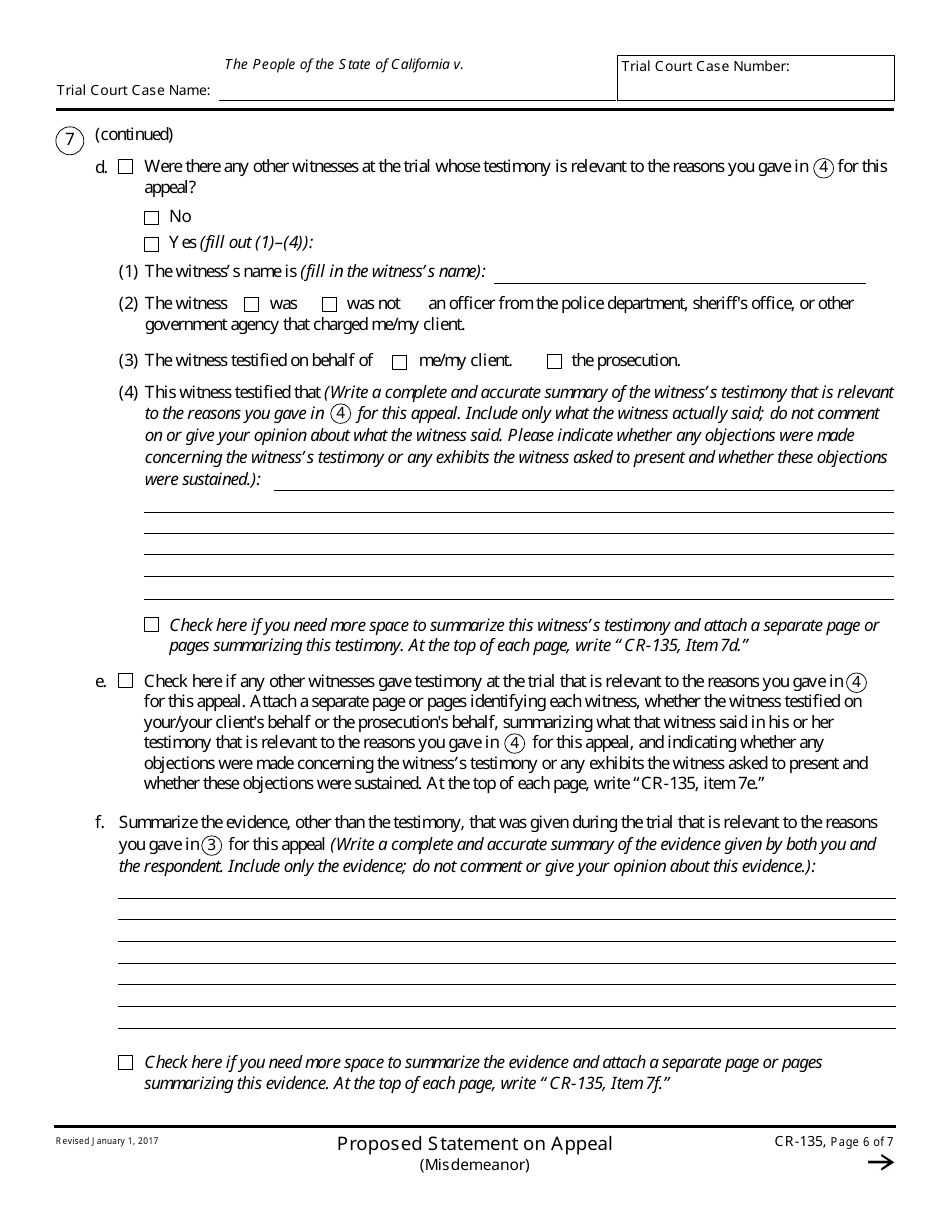 Form CR-135 Proposed Statement on Appeal (Misdemeanor) - California, Page 6