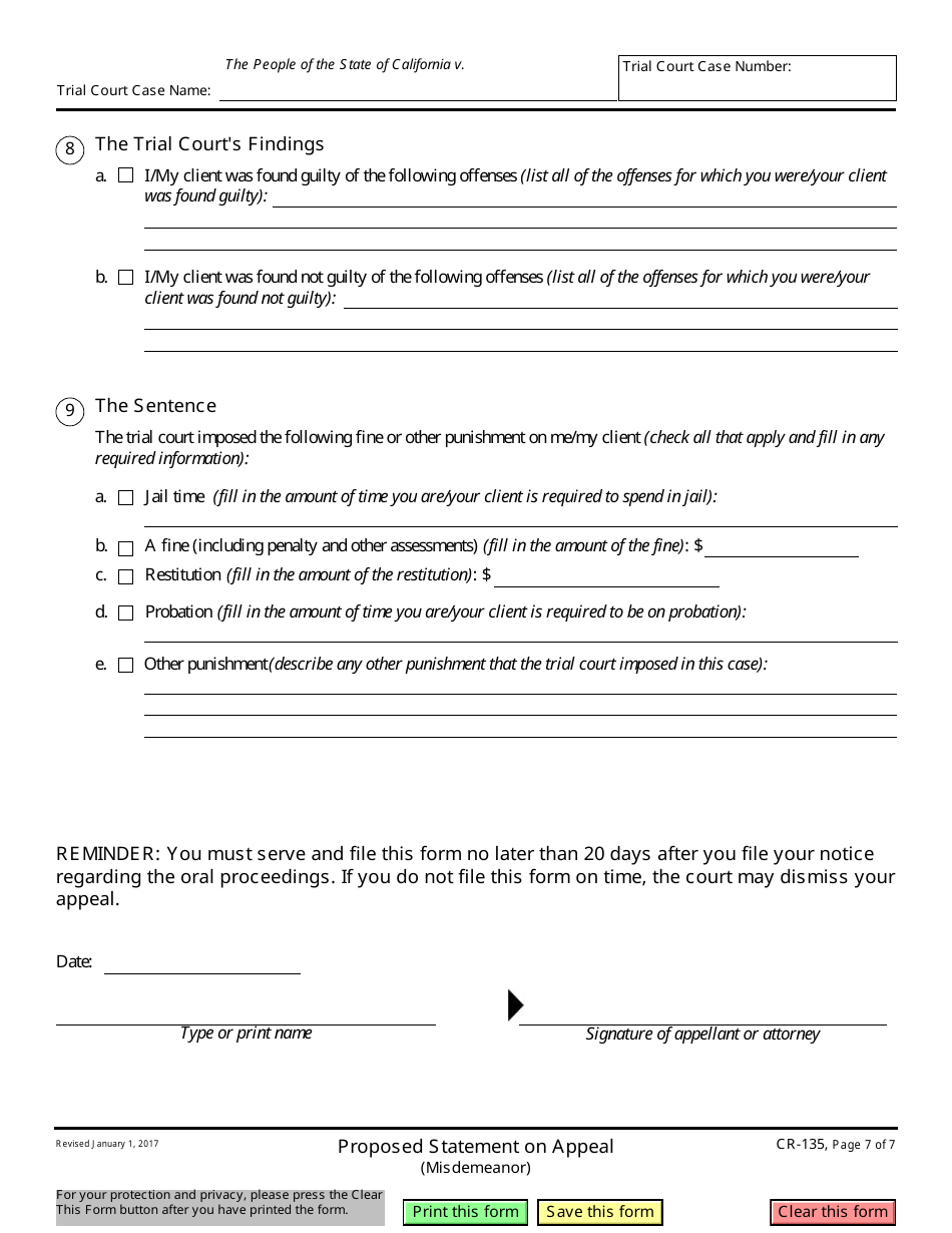 Form CR-135 Proposed Statement on Appeal (Misdemeanor) - California, Page 7