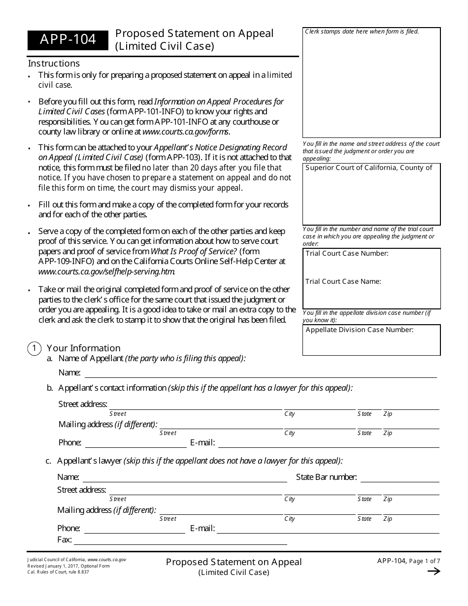 Form APP-104 Proposed Statement on Appeal (Limited Civil Case) - California, Page 1