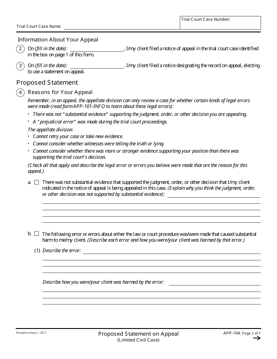 Form APP-104 Proposed Statement on Appeal (Limited Civil Case) - California, Page 2