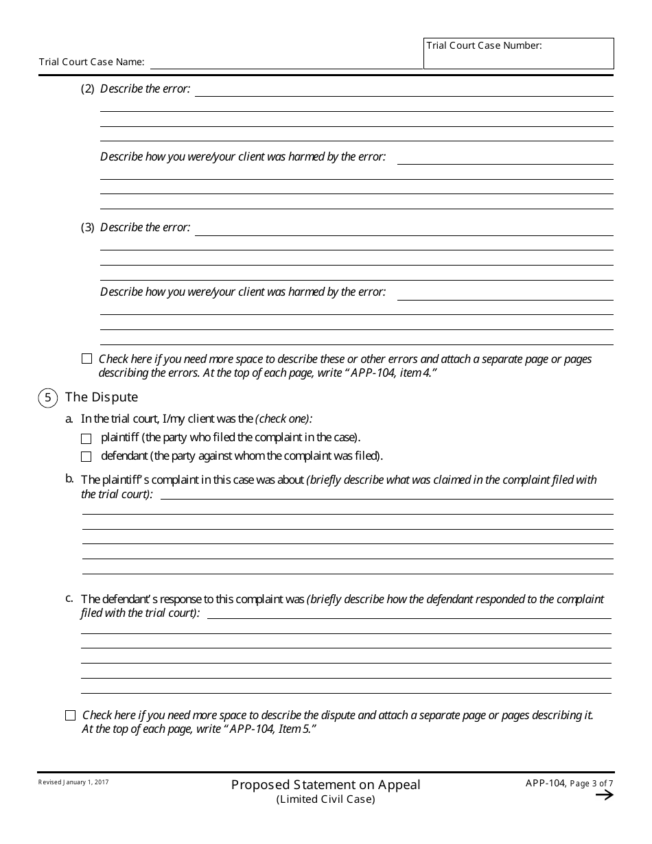 Form APP-104 Proposed Statement on Appeal (Limited Civil Case) - California, Page 3