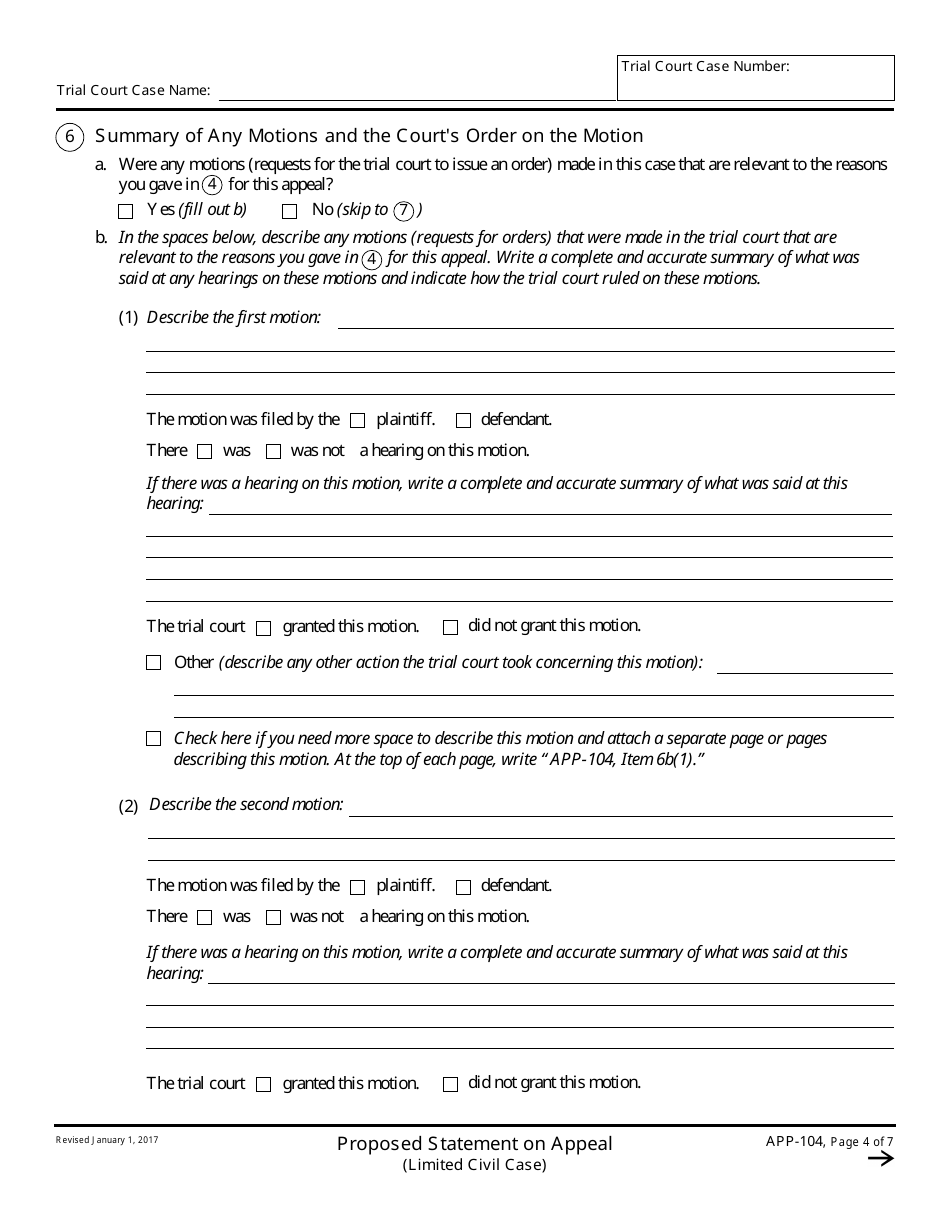 Form APP-104 Proposed Statement on Appeal (Limited Civil Case) - California, Page 4