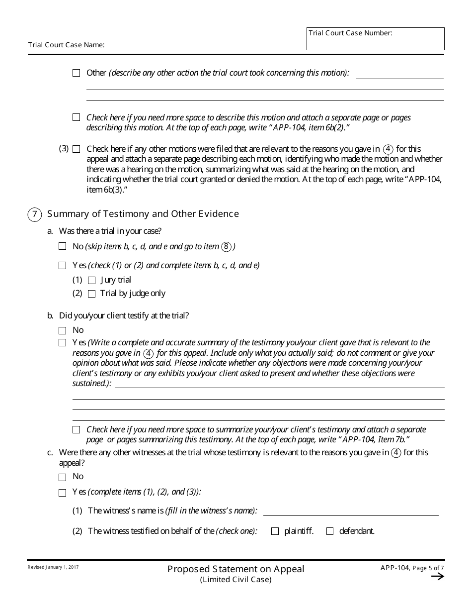 Form APP-104 Proposed Statement on Appeal (Limited Civil Case) - California, Page 5