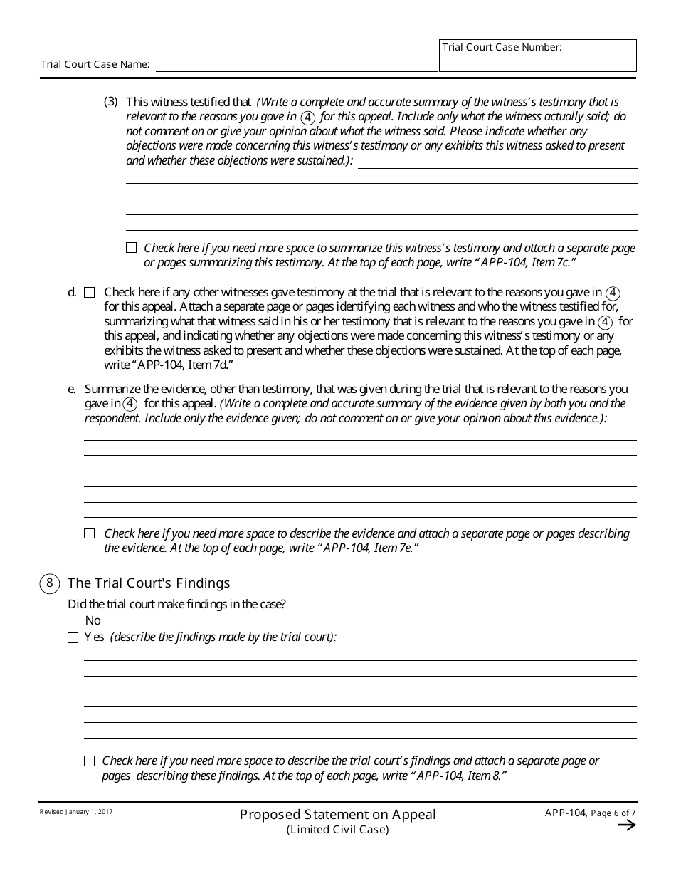 Form APP-104 Proposed Statement on Appeal (Limited Civil Case) - California, Page 6