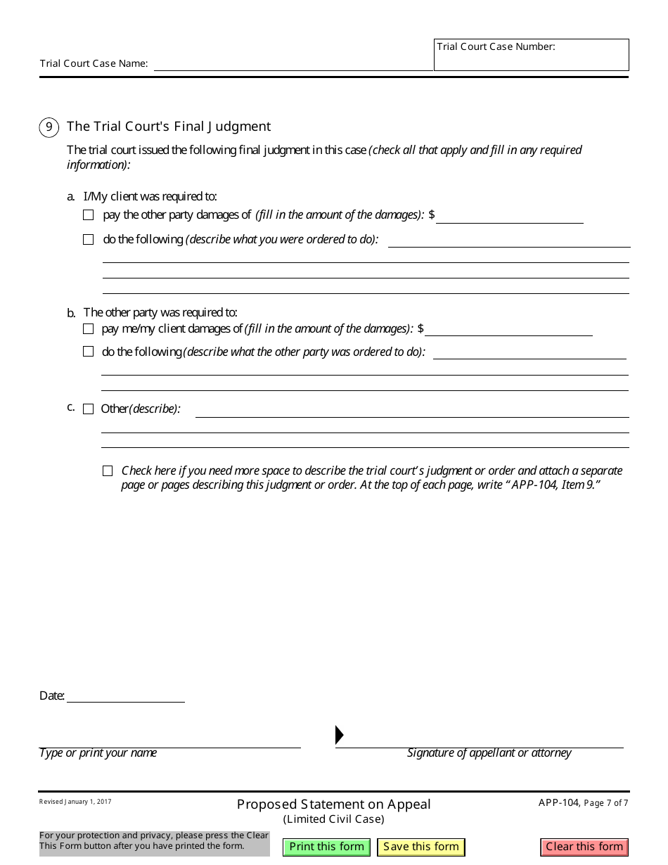 Form APP-104 Proposed Statement on Appeal (Limited Civil Case) - California, Page 7