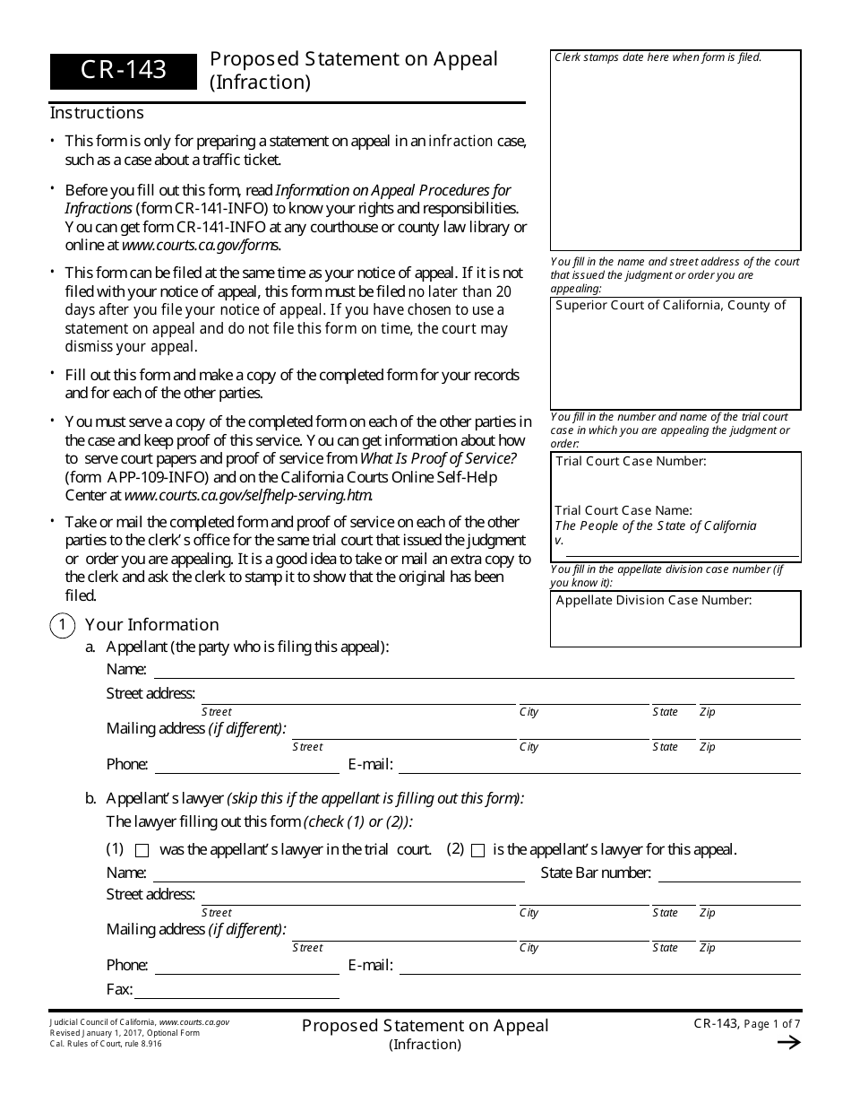 Form CR-143 Proposed Statement on Appeal (Infraction) - California, Page 1