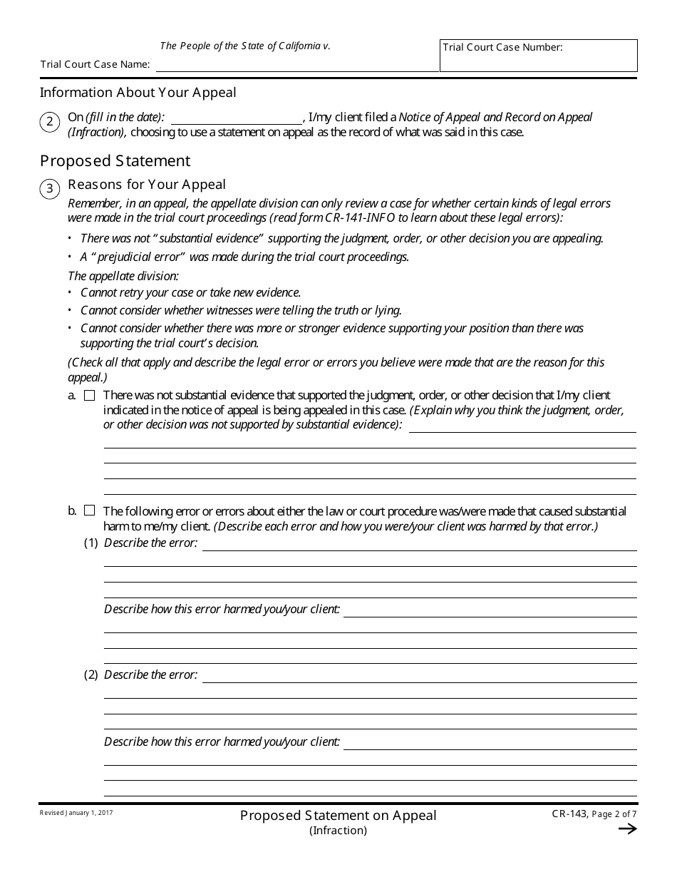 Form CR-143 Proposed Statement on Appeal (Infraction) - California, Page 2