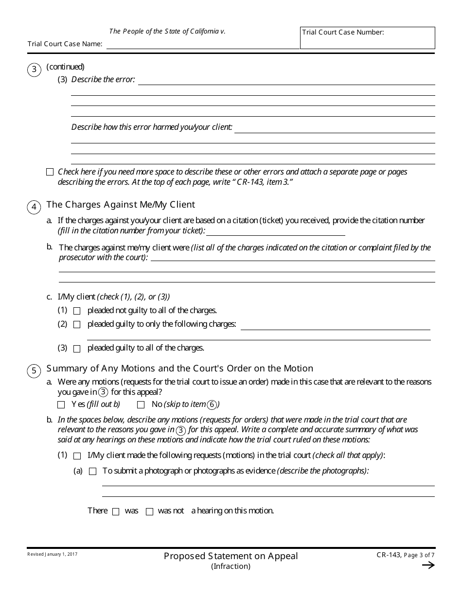 Form CR-143 Proposed Statement on Appeal (Infraction) - California, Page 3