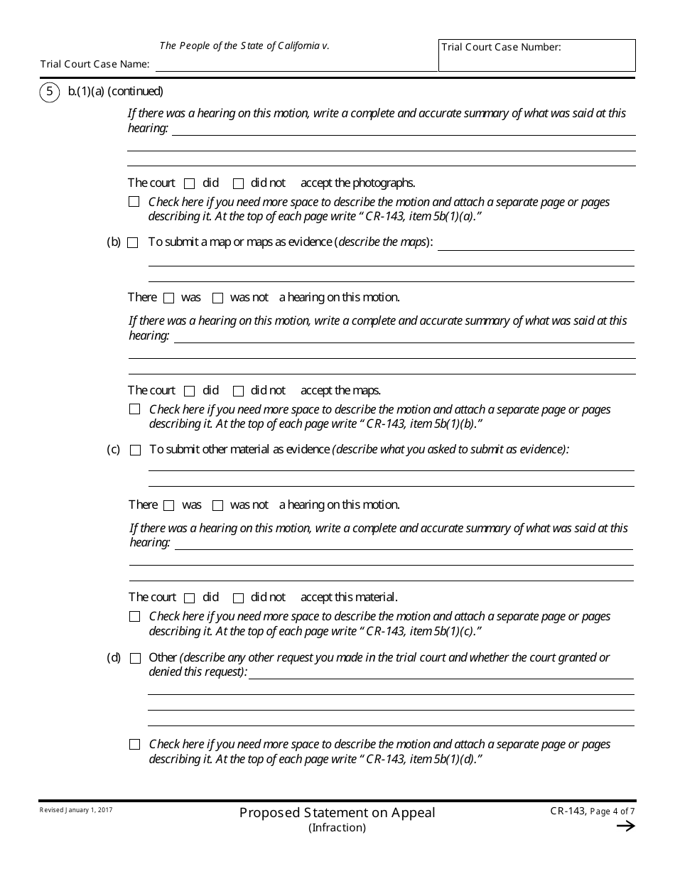 Form CR-143 Proposed Statement on Appeal (Infraction) - California, Page 4