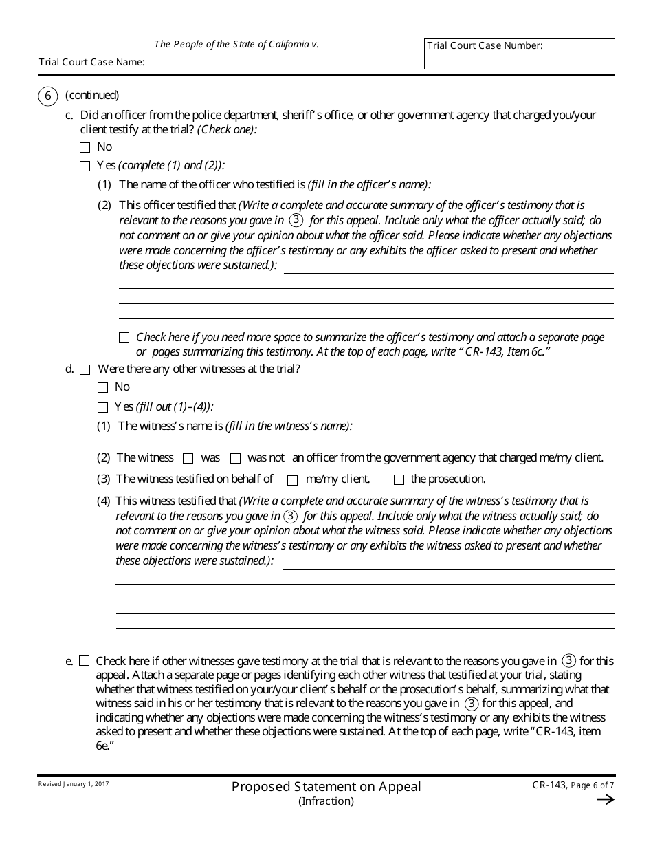 Form CR-143 Proposed Statement on Appeal (Infraction) - California, Page 6