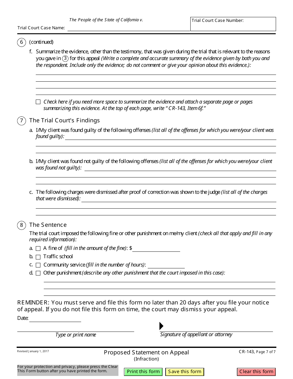 Form CR-143 Proposed Statement on Appeal (Infraction) - California, Page 7