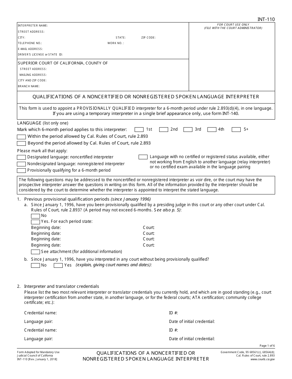 Form INT-110 Qualifications of a Noncertified or Nonregistered Spoken Language Interpreter - California, Page 1