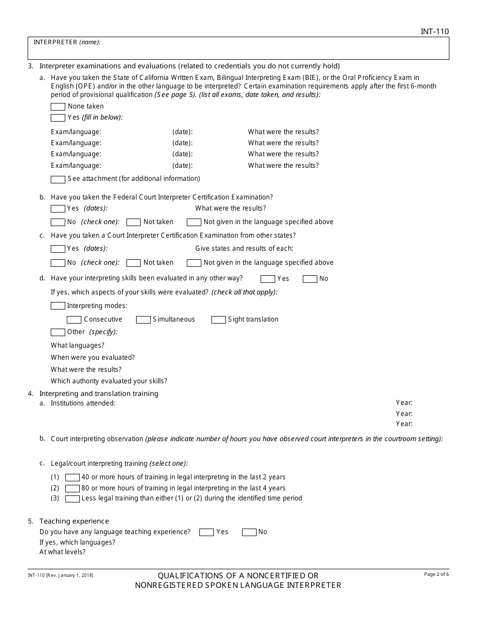 Form INT-110 Qualifications of a Noncertified or Nonregistered Spoken Language Interpreter - California, Page 2